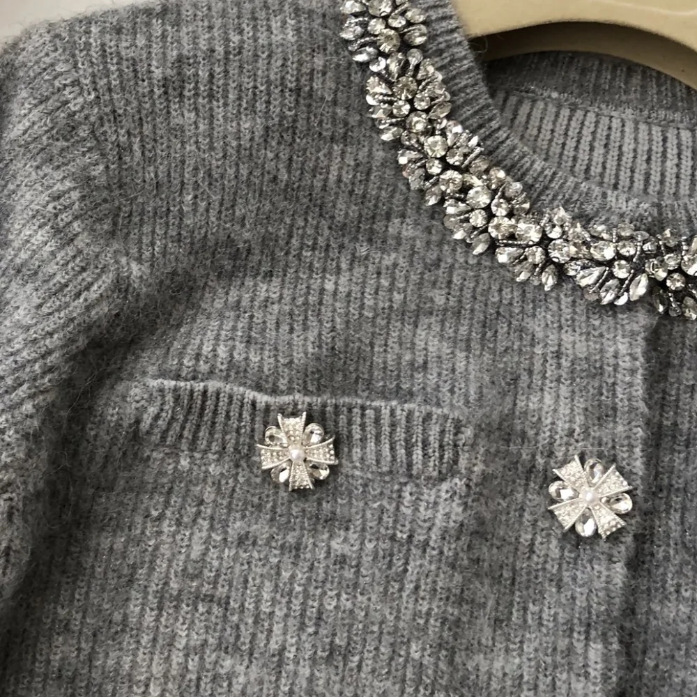 Self Portrait Grey Fluffy Crystal Trim Cardigan - Picture 7 of 13